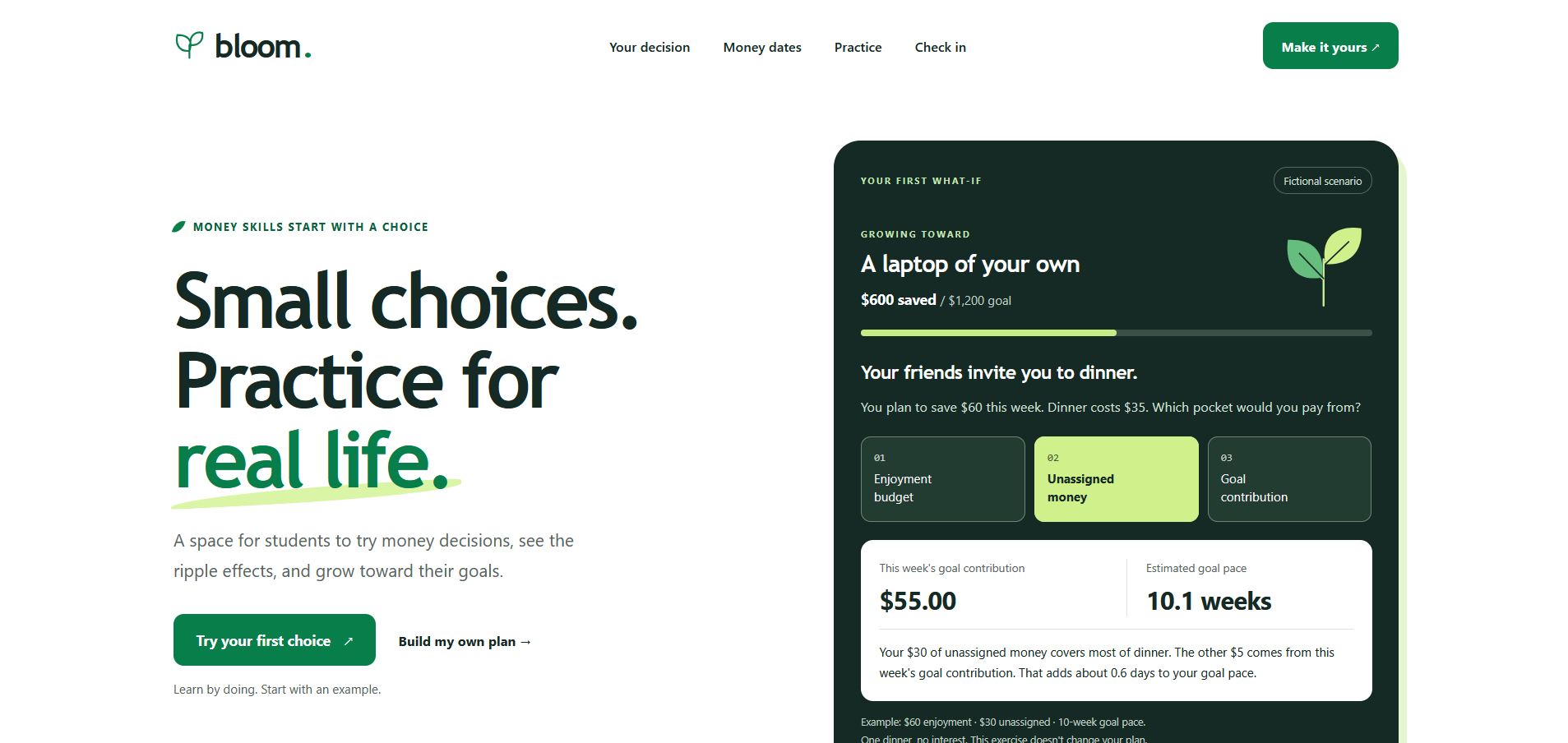 Bloom student finance landing page showing a fictional savings scenario