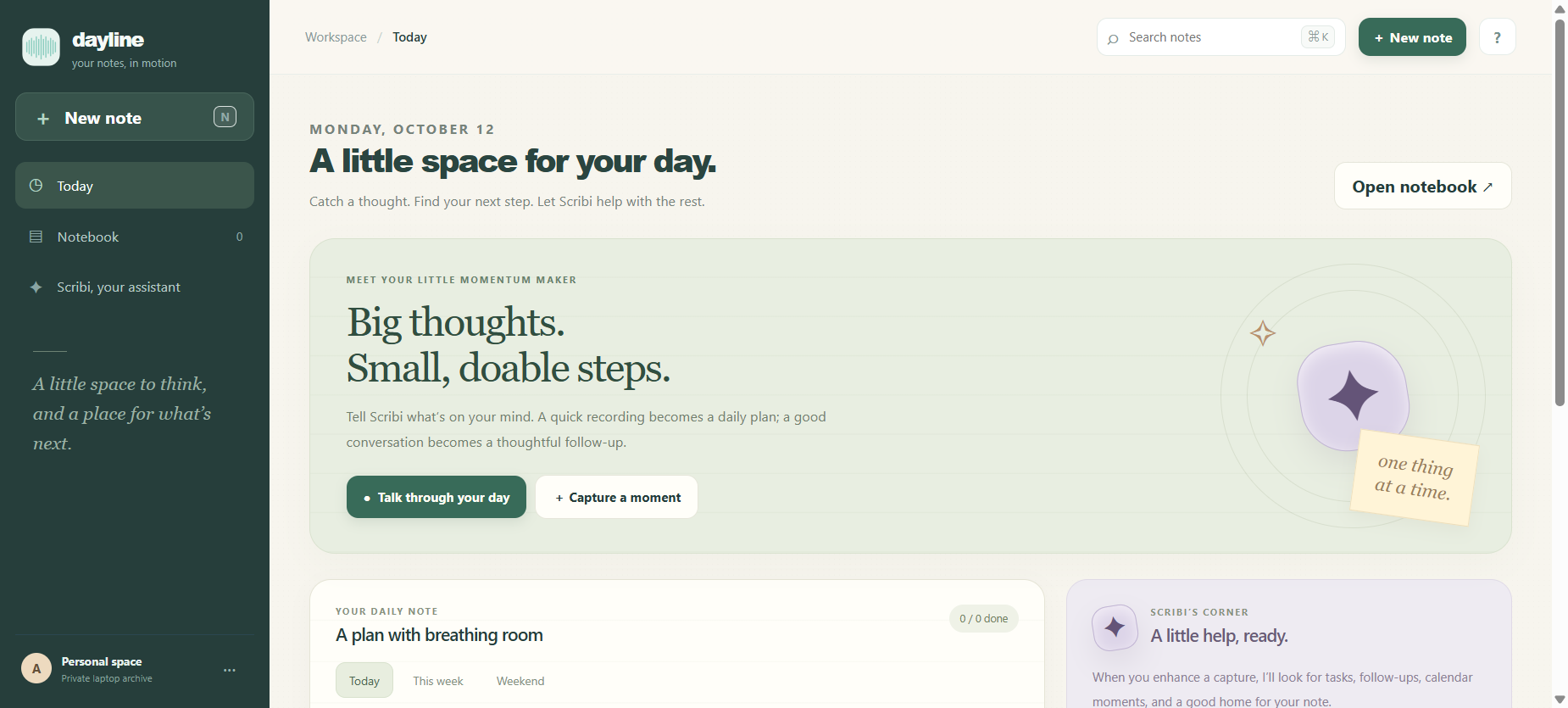 Dayline notes workspace landing page and Scribi assistant